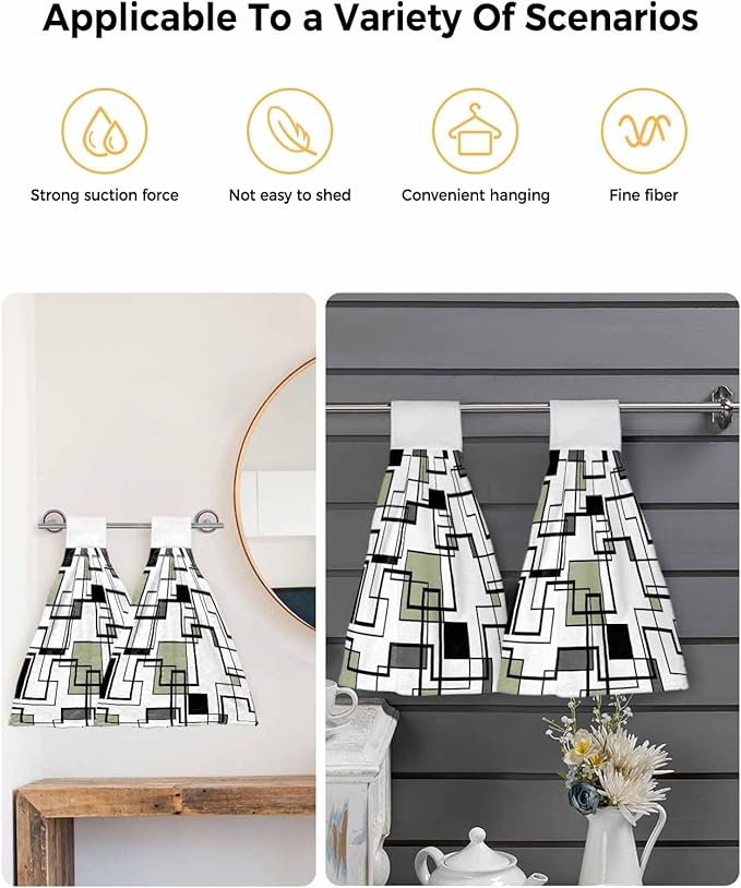Alandar Home Kitchen Tie Towel Set of 2, Abstract Geometric Lines Art Absorbent Soft Hand Towels for Bathroom Hanging Towels, Green Black Color Block Fast Drying Cleaning Cloth with Loop