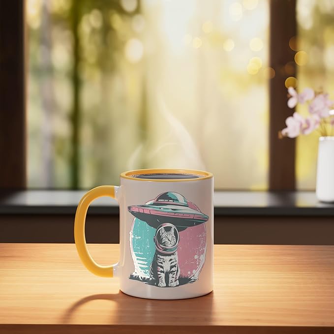 Retro UFO Cat Astronaut Alien Sci Fi Space Funny Pastel Ceramic Mug, Yellow/White