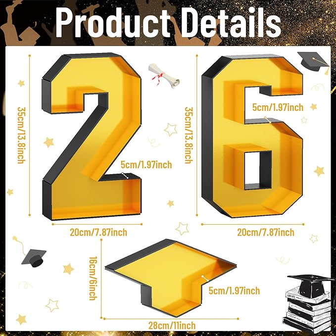 26 Fillable Number for Charcuterie with Grad Cap Shaped Cardboard Tray Black Gold 2026 Graduation Party Table Decorations 13.8'' Pre-cut Board Storage Decorative Paper Mache Box College Grad