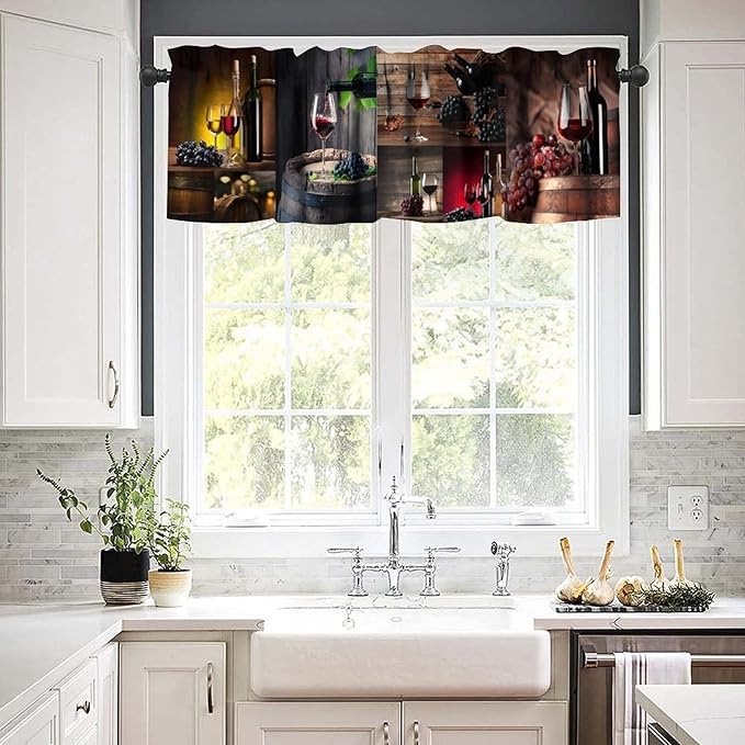 Wine Kitchen Valance, Rustic Wooden Board Wine Barrel Glass Grape Short Window Treatment for Home Bar Dining Bedroom Living Room Resturant, 54x18Inch