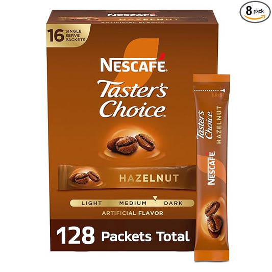 NESCAFÉ Taster's Choice, Instant Coffee Packets, Hazelnut Flavored Coffee, 8 Boxes (128 Packets)