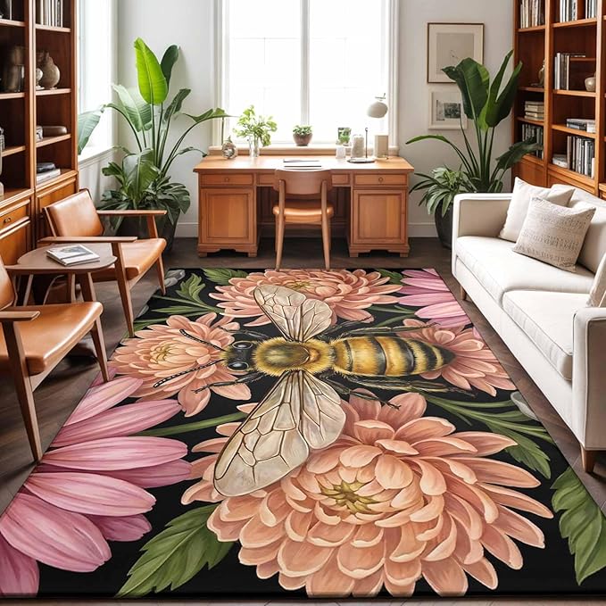 Area Rug 9x12ft, Vintage Honey Gold Bee Pink Flowers Washable Rugs for Living Room Bedroom Rectangle Floor Carpet, Sage Green Leaves Soft Non-Slip Area Rugs for Dining Room