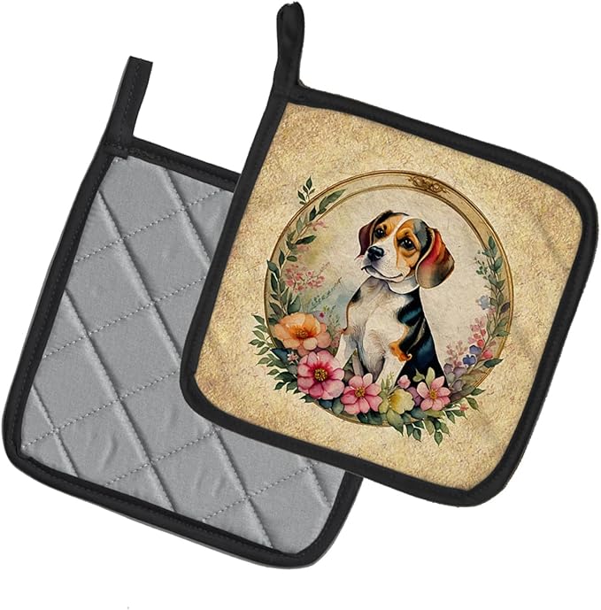 Caroline's Treasures Beagle and Flowers Pair of Pot Holders Kitchen Heat Resistant Pot Holders Sets Oven Hot Pads for Cooking Baking BBQ, 7 1/2 x 7 1/2