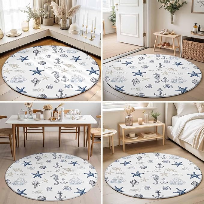 Washable Round Area Rug Ocean Starfish Seahorse Shell Conch Circle Rugs Floor Carpet for Living Room Bedroom, Nautical Compass Anchor Soft Non Slip Round Rug 5ft