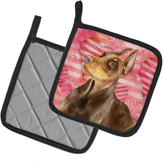 Caroline's Treasures BB9796PTHD Doberman Pinscher Love Pair of Pot Holders, Red Kitchen Heat Resistant Pot Holders Sets Oven Hot Pads for Cooking Baking BBQ, 7 1/2 x 7 1/2