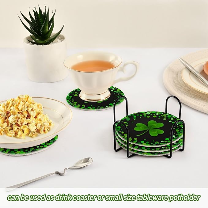 YETTASBIN St. Patrick's Day Shamrock 6 Pcs Drink Coasters with Holder, Cotton Woven Absorbent Heat-Resistant Round Coaster Non-Slip Table Mat for Kitchen Bar Home Decor Housewarming Gift, 3.9 in