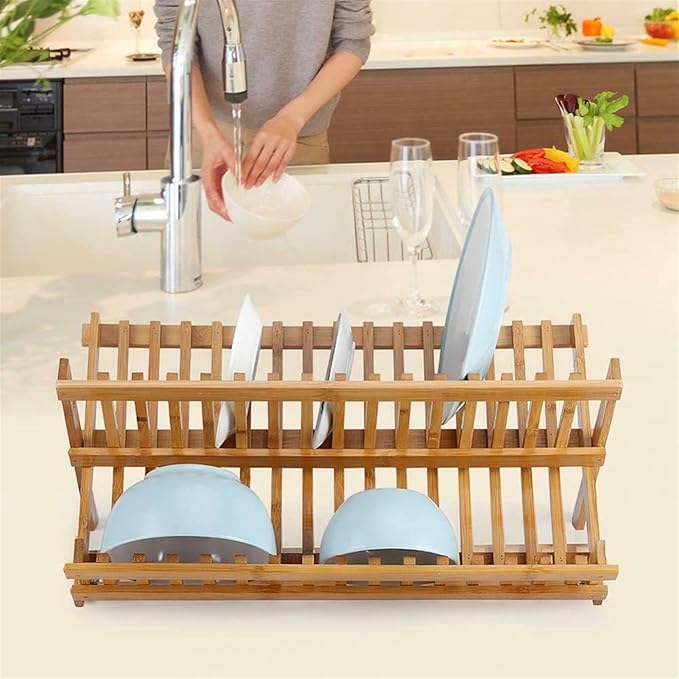 2 Tier Folding Dish Drainer Rack Storage Plate Holder Kitchen Sink Stand Wooden