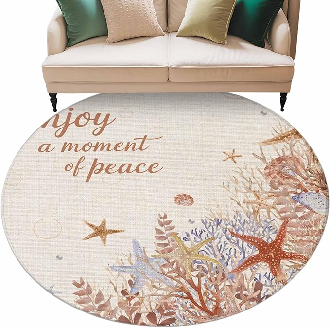 Washable Round Area Rug Orange Marine Starfish Coral Seaweed Circle Rugs Floor Carpet for Living Room Bedroom, Peace Quote on Linen Soft Non Slip Round Rug 5ft