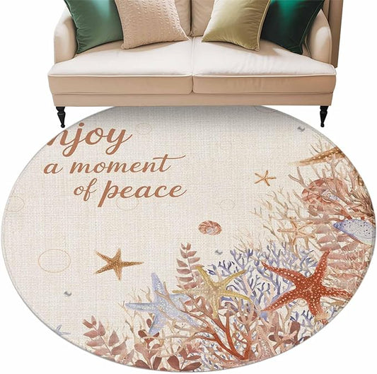 Washable Round Area Rug Orange Marine Starfish Coral Seaweed Circle Rugs Floor Carpet for Living Room Bedroom, Peace Quote on Linen Soft Non Slip Round Rug 5ft
