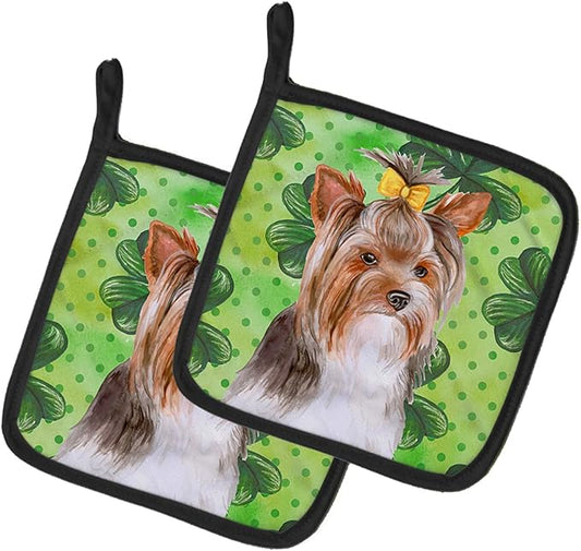 Caroline's Treasures BB9897PTHD Yorkshire Terrier #2 St Patrick's Pair of Pot Holders, Green Kitchen Heat Resistant Pot Holders Sets Oven Hot Pads for Cooking Baking BBQ, 7 1/2 x 7 1/2