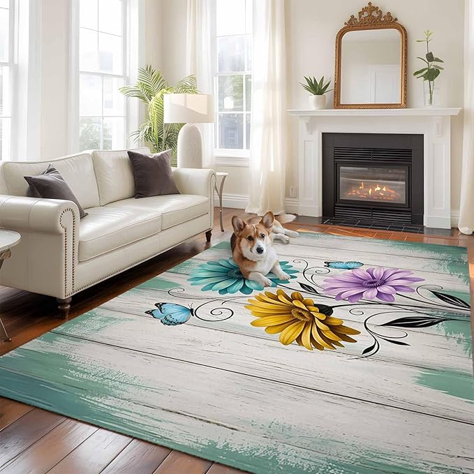Area Rug 9x12ft, Farm Flower Daisy Retro Wood Barn Washable Rugs for Living Room Bedroom Rectangle Floor Carpet, Blossom Flower Butterfly Soft Non-Slip Area Rugs for Dining Room