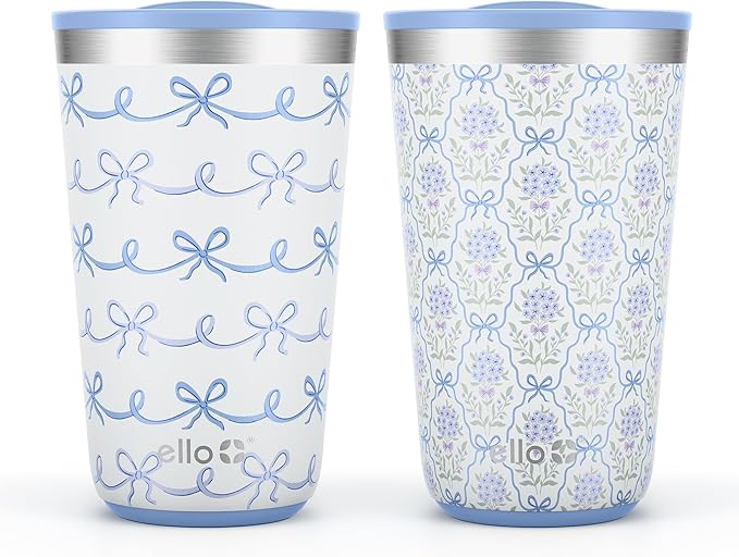 Ello 2 Pack 16oz Stainless Steel Stacking Cups with Easy Press Lids | Pint Size Reusable Tumblers for Parties, Home, Camping, Outdoor | Keeps Cold for 16 Hours, Dishwasher Safe | Bows & Flowers