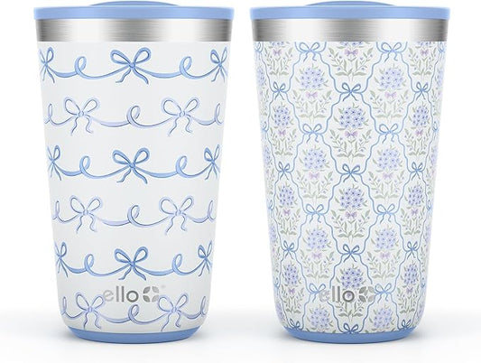 Ello 2 Pack 16oz Stainless Steel Stacking Cups with Easy Press Lids | Pint Size Reusable Tumblers for Parties, Home, Camping, Outdoor | Keeps Cold for 16 Hours, Dishwasher Safe | Bows & Flowers