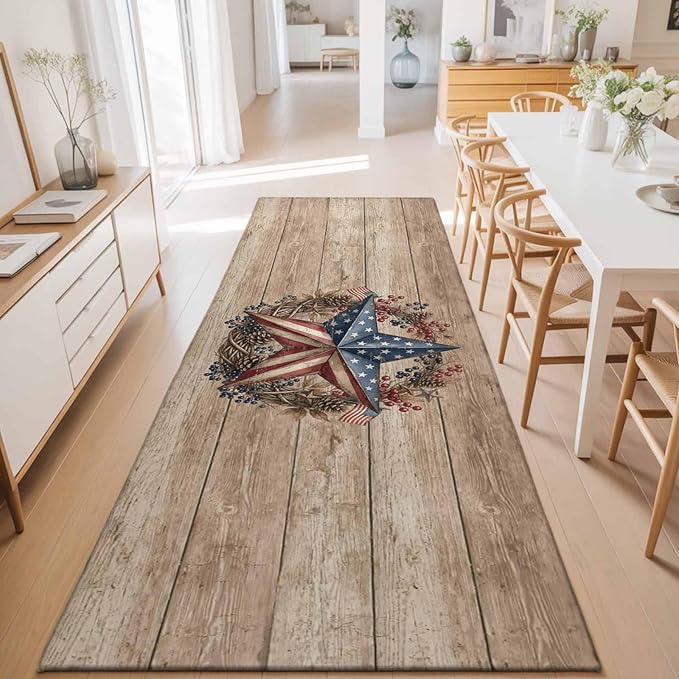 Runner Rug for Bedroom Hallway, Independence Day USA Flag Star Kitchen Runner Rugs Area Rug 2x6ft, Farm Wood Background Washable Soft Floor Carpet for Entryway Stair