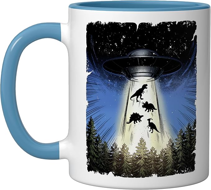 UFO Dinosaur Alien Abduction Flying Saucer Conspiracy Ceramic Mug, Blue/White