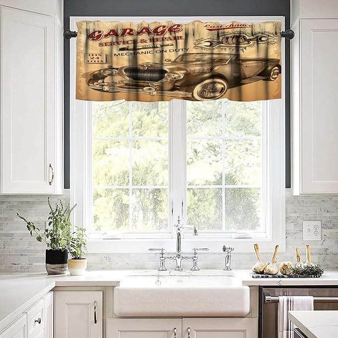 Vintage Car Valance Curtain Nostalgic Car Garage Service Repair Store Phrase Dated Rod Pocket Valance Window Treatments Short Curtains for Kitchen Living Room 54x18inch