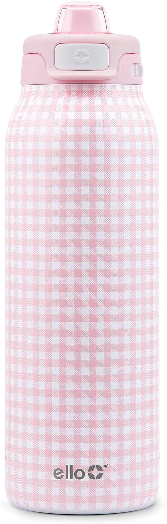Ello Pop & Fill 32oz Stainless Steel Water Bottle with QuickFill Technology, Double Walled and Vacuum Insulated Metal, Leak Proof Locking Lid, Straw and Chug, Reusable, BPA Free, Pink Gingham