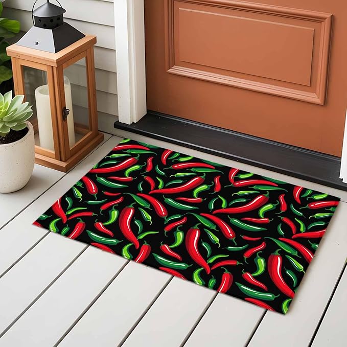 Area Rug 2x3ft, Spicy Chili Pepper Pattern Washable Rugs for Living Room Bedroom, Red Green Peppers on Black Soft Non-Slip Area Rugs Rectangle Floor Carpet for Dining Room