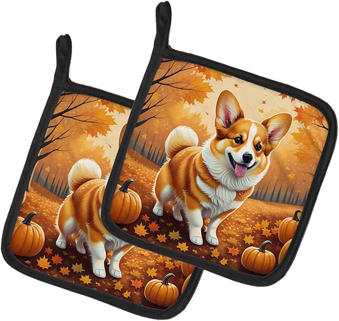 Caroline's Treasures DAC1040PTHD Corgi Fall Pair of Pot Holders Kitchen Heat Resistant Pot Holders Sets Oven Hot Pads for Cooking Baking BBQ, 7 1/2 x 7 1/2