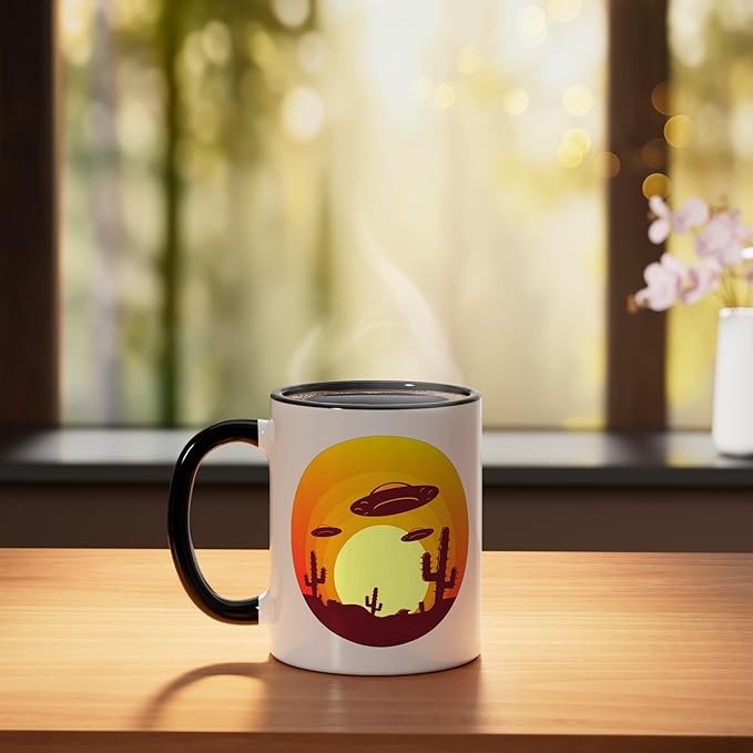 UFO Alien Abduction Conspiracy Vintage Nevada Desert Sunset Ceramic Mug, Black/White