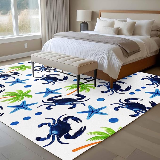 Area Rug 6x9ft, Abstract Blue Crab Starfish Washable Rugs for Living Room Bedroom, Watercolor Palm Tree Soft Non-Slip Area Rugs Rectangle Floor Carpet for Dining Room