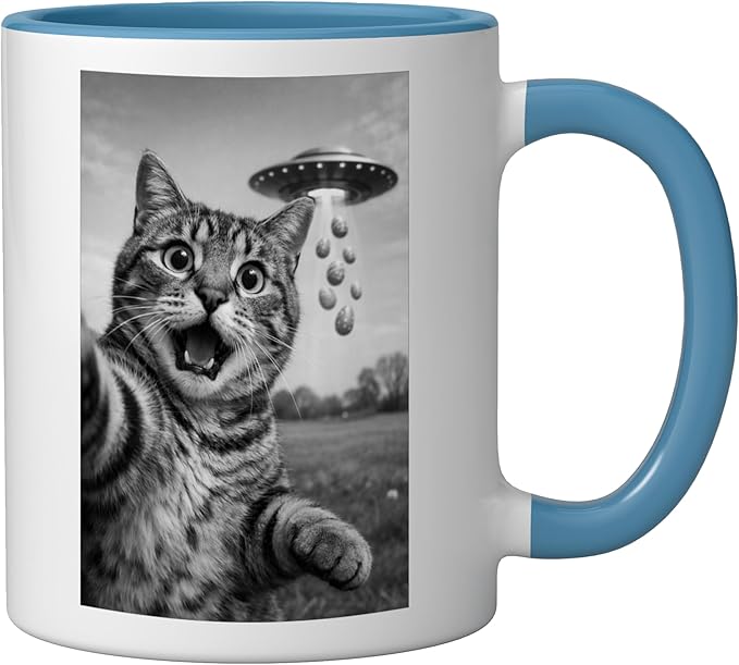 Funny Cat Selfie Easter Eggs Alien UFO Abduction Men Women Ceramic Mug, Blue/White