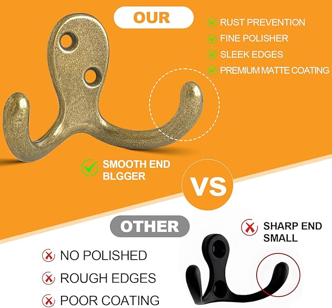 CBWLWJ 25 Pack Coat Hooks Wall Hooks for Hanging, Heavy Duty Double Prong Metal Hook Wall Mounted for Living Room, Bathroom, Kitchen, Bedroom for Coat, Bag, Scarf, Towel, Hat, Key, Cup (Bronze)