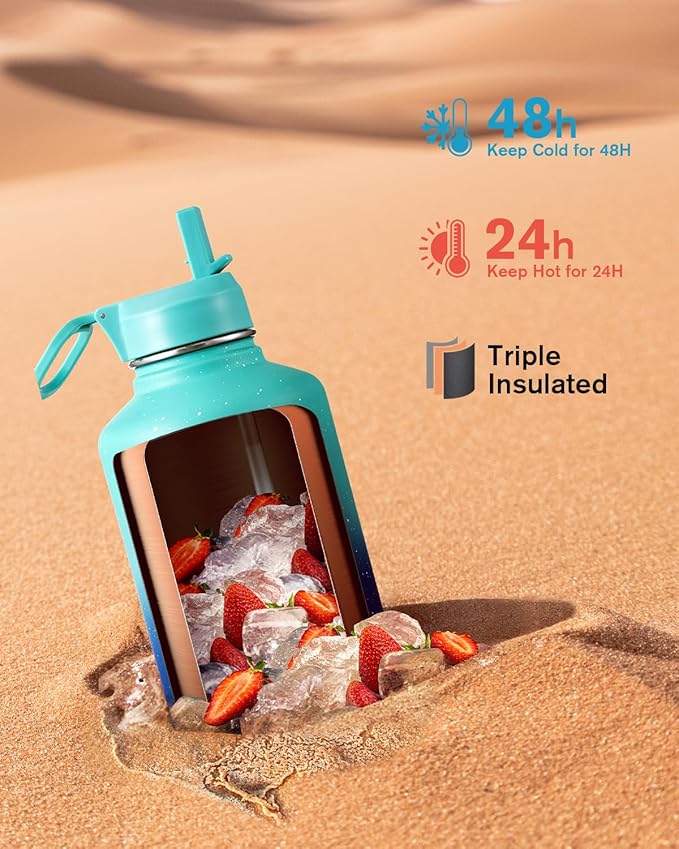 64 oz Water Bottle Insulated with Straw&3 Lids, Coolflask Half Gallon Water Jug Galaxy Large Metal Stainless Steel Vacuum Flask for Gym, Sports, Keep Cold 48H Hot 24H, Glacier Blue