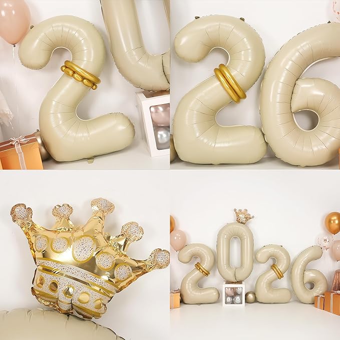 2026 Balloons Beige,40 Inch 2026 Number Balloons with Foil Crown Balloons for Happy New Year Decorations New Years Eve 2026 Graduation Decorations Class of 2026 Party Supplies