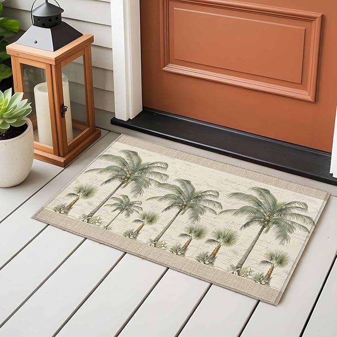 Area Rug 2x3ft, Coastal Tropical Olive Green Palm Trees Washable Rugs for Living Room Bedroom, Classic Retro Linen Soft Non-Slip Area Rugs Rectangle Floor Carpet for Dining Room