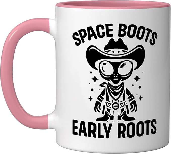 Alien Lover Flying Saucer UFO Extraterrestrial Cowboy Ceramic Mug, Pink/White