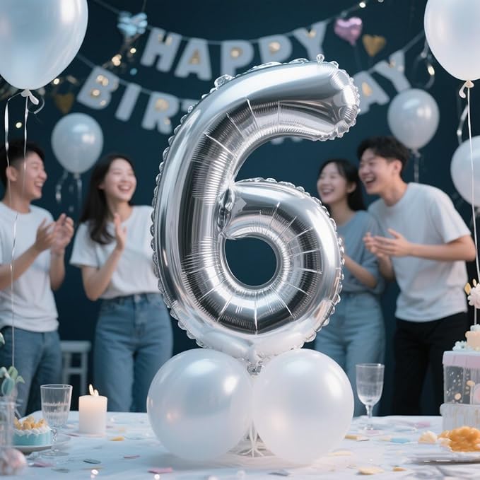 Silver Number Balloon Balloons 6, Happy Birthday Decoration for 6th, 40 Inch Six Number Balloons for 6, 16, 26, 60, 2026 Wedding Anniversaries Singles Party, 2026 New Years Eve Party