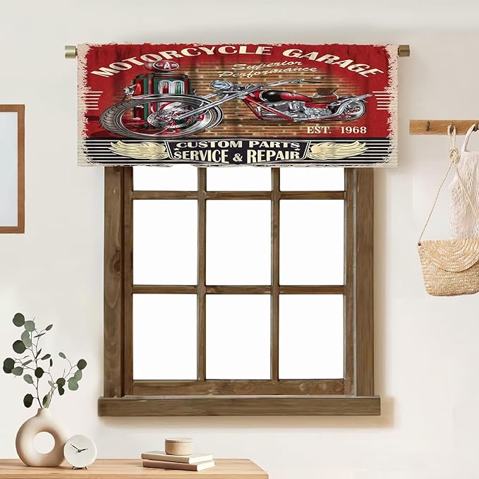Vintage Motorcycle Valance Curtain Rustic Western Country Farmhouse Classic Motorcycle Rod Pocket Valance Window Treatments Short Curtains for Kitchen Bathroom Farmhouse 54x18inch