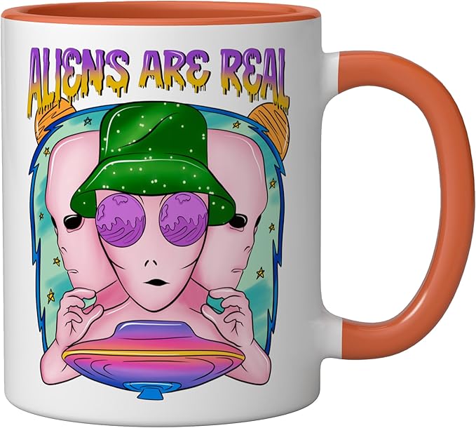 Aliens Are Real UFO Flying Saucer Grey Alien Sci-Fi Art Ceramic Mug, Orange/White