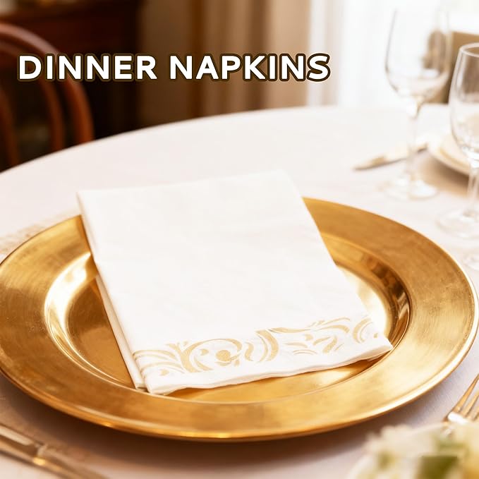 Paper Napkins Disposable Decorative Paper Hand Towels for Bathroom Dinner Napkins Soft Absorbent Bathroom Napkins Guest for Wedding Kitchen Party Birthday Thanksgiving Events, Gold and White, 50 Pack