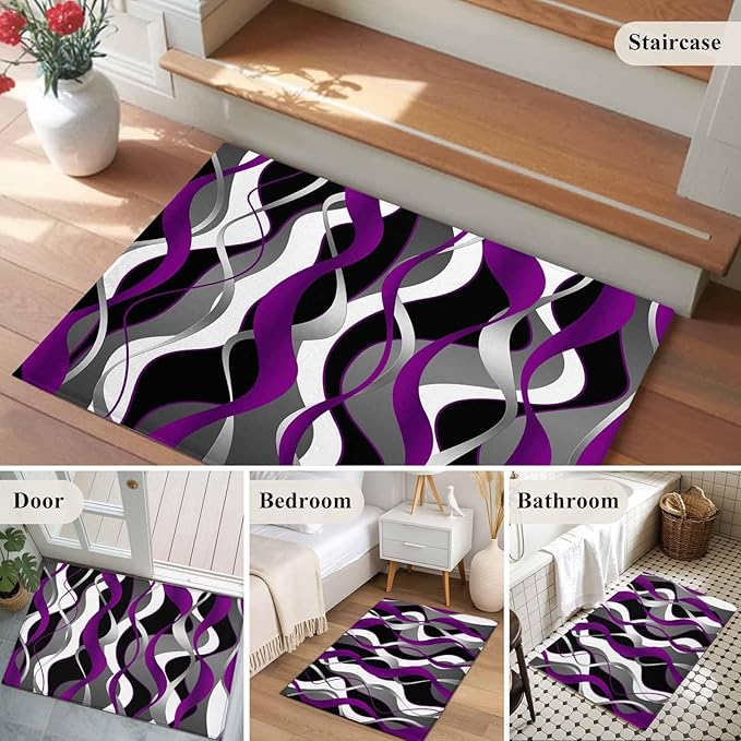 Area Rug 2x3ft, Abstract Purple Gray Black White Stripes Washable Rugs for Living Room Bedroom, Modern Lines Soft Non-Slip Area Rugs Rectangle Floor Carpet for Dining Room