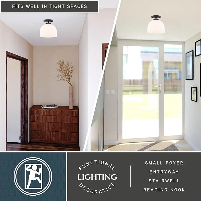 VAXCEL Shelby 1-Light 9.25 in. Wide Matte Black Transitional Dome Semi Flush Mount Lighting Fixture, Frosted White Opal Glass Shade, LED Compatible, for Low Ceilings, Bedroom, Hallway, Kitchen