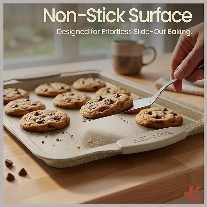 BAKKEN Cookie Sheets for Baking Nonstick Set - 3-Piece Stackable Carbon Steel Baking Sheet Pans Set with Silicone Handles, Non Toxic Cookie Sheets for Baking Bakeware Set - White Marble