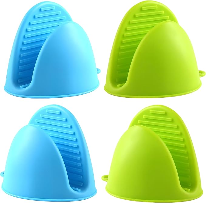 2 Pairs (Blue & Green),Mini Silicone Oven Gloves, Mini Finger Protector Pot Holder for Kitchen,Cooking,Baking,BBQHeat Resistant Gloves，can be Washed in the Dishwasher