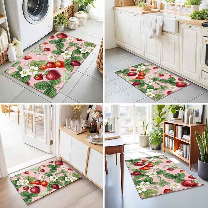 Area Rug 2x3ft, Summer Strawberry Bush on Pink Washable Rugs for Living Room Bedroom, Forest Green Foliage Soft Non-Slip Area Rugs Rectangle Floor Carpet for Dining Room