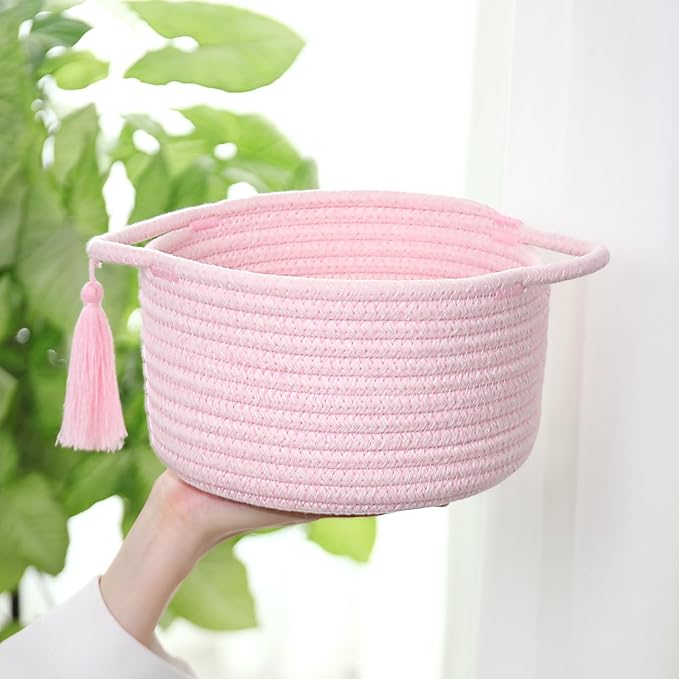 Small Cute Empty Gift Basket - Little Woven Rope Baskets for Girl, Baby Shower Gifting, Makeup, Desk，Valentines，Bathroom- Decorative Vanity Organizer Bins - 2 Pack, Pre-Shaped, Pastel Pink