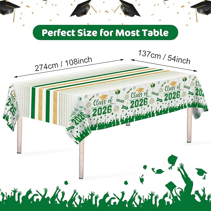 Graduation Decorations Class of 2026 Tablecloth - 3 Pcs Plastic Congrats Grad Table Cloth, Graduation Table Cover for Graduations Party Decorations 2026 and Party Supplies, 54"x108" (Green and Gold)