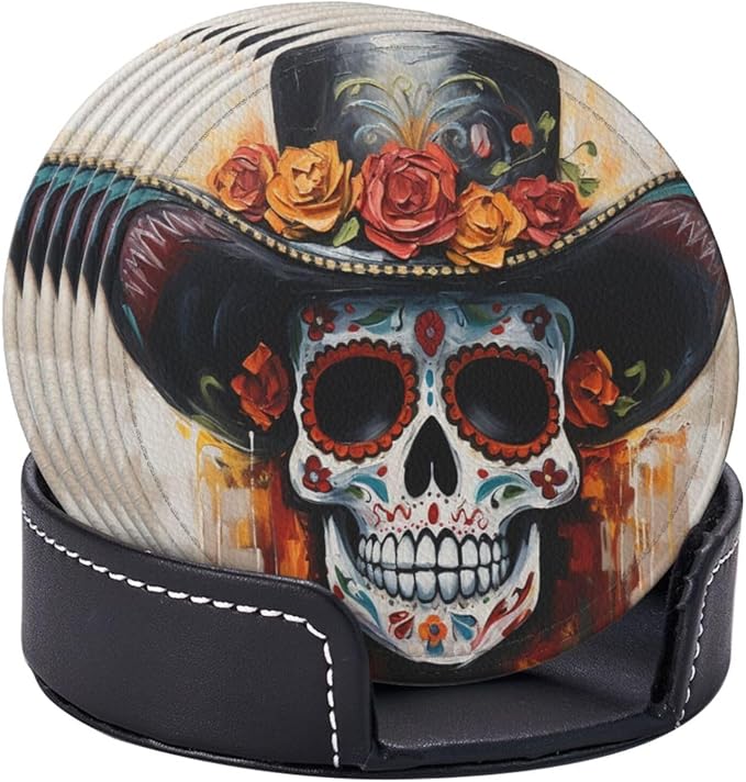 Famame 6 Pcs Oil Painting Mexican Skull Leather Coasters for Drinks with Holder Coaster Sets Drink Table Cup Coasters for Living Room Kitchen Coffee Decor
