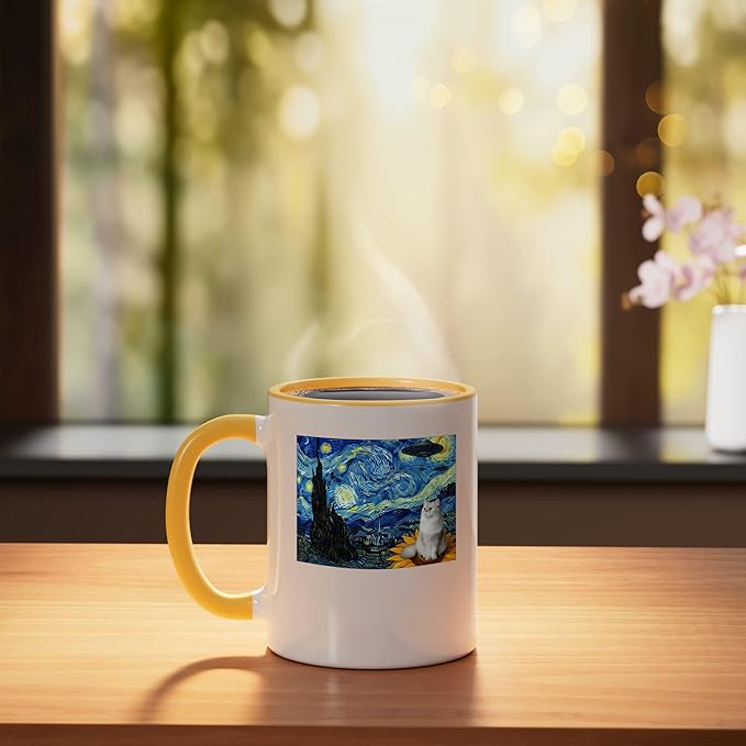 Cosmic Cat on Sunflower Space UFO Night for Men Women Ceramic Mug, Yellow/White