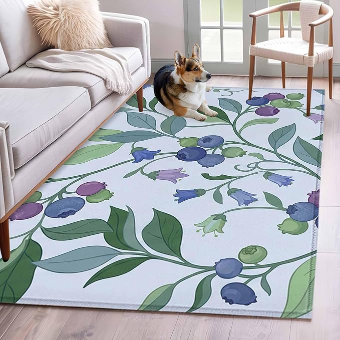 Area Rug 4x6ft, Blueberries Bell Flowers Washable Rugs for Living Room Bedroom, Modern Watercolor Plants Soft Non-Slip Area Rugs Rectangle Floor Carpet for Dining Room