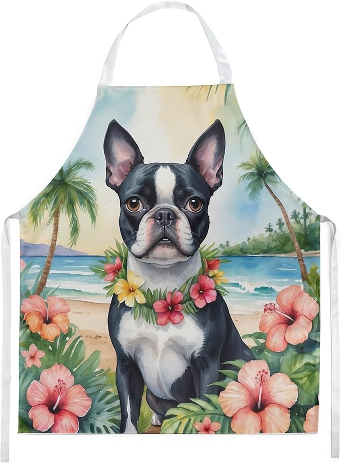 Caroline's Treasures Boston Terrier Luau Apron Cooking Kitchen Server Baking Crafts Gardening for Adult Women Men, Unisex, Large, Multicolor