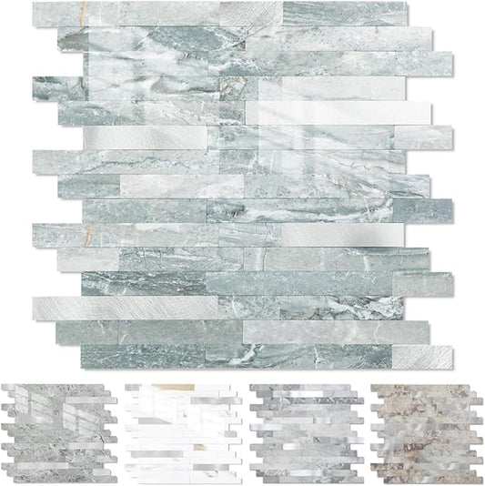 Yipscazo 1 Sheet Peel and Stick Stone Metal Tile Backsplash, Stick on Tiles for Backsplash Kitchen, Bathroom, Laundry Room, Camper, Fireplace (12'' X 12'', Polished Cyan)