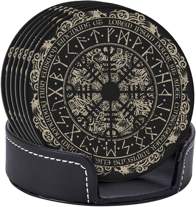 Black Viking Magical Leather Drinks Coasters with Holder, Set of 6, Suitable for Various Cups