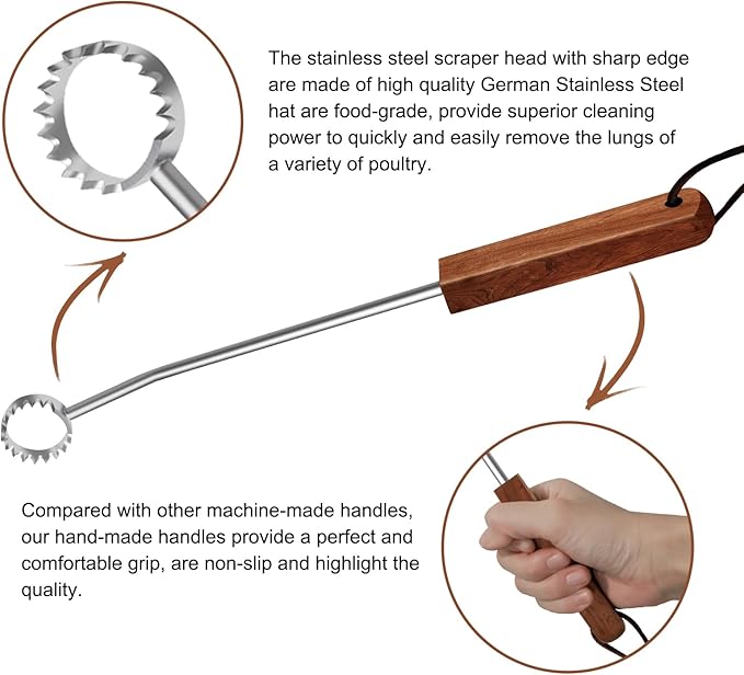 Lung Scraper of Chicken Processing Equipment, Easily Removes Poultry Lungs, Acacia Wood Handle, Chicken Butchering Equipment that Efficient Gutting Tool for Turkey, Chicken
