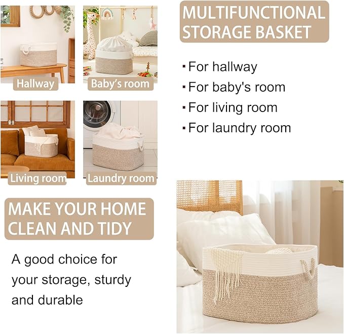 OIAHOMY Storage Basket for Organizing, Blanket Storage With Drawstring, Collapsible Storage Bin With Liner, Basket for Shelves, Blanket Basket Living Room-18”x14”x12”- Brown/White